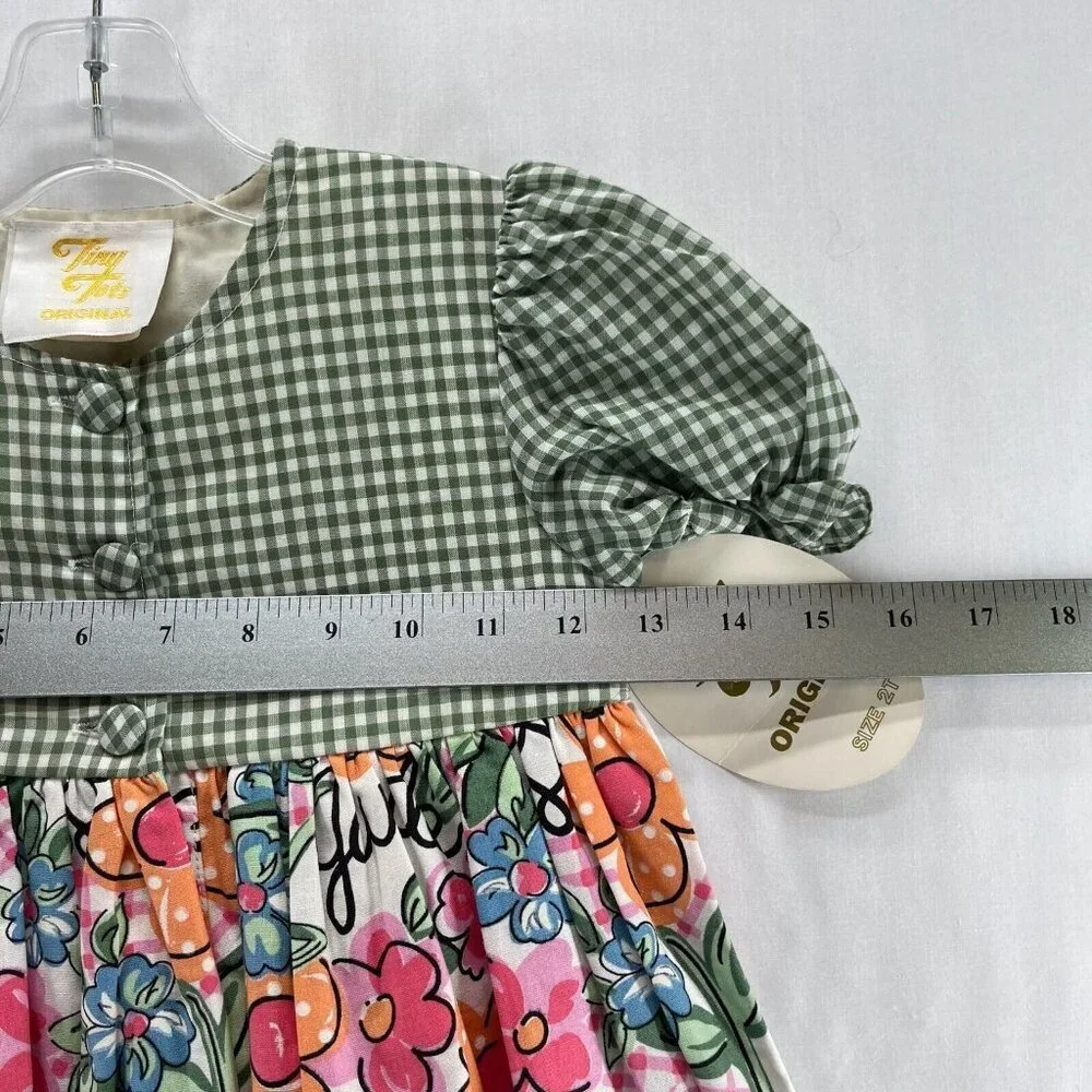 Tiny Tots Original Vintage Dress Girls Size 2T Gingham Floral Puff Sleeves Green - Picture 6 of 8